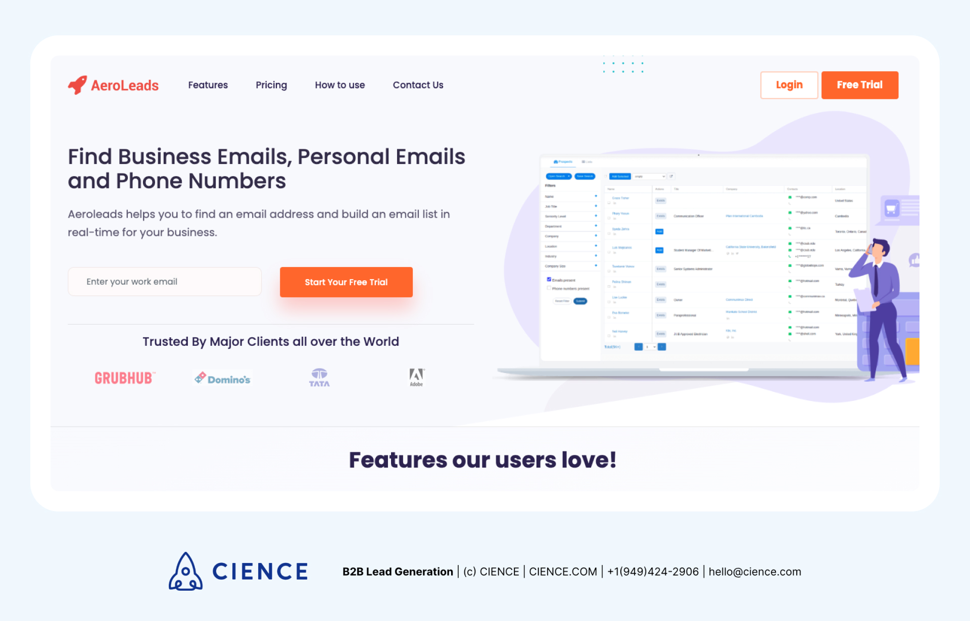 AeroLeads B2B lead scoring interface with real-time data validation and automated email verification for sales prospecting